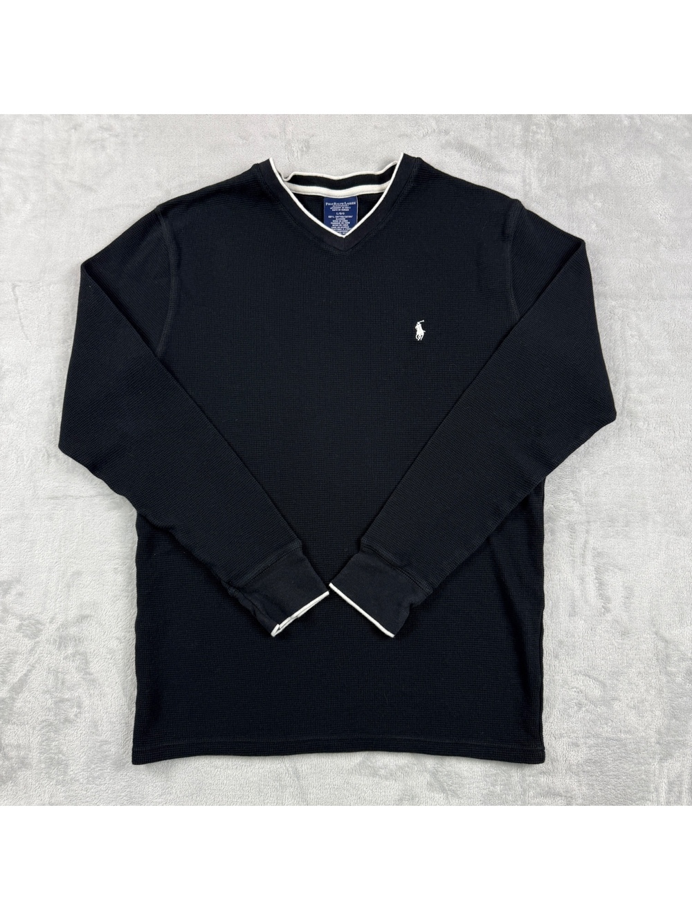 Polo Ralph Lauren Mens L Black Waffle Knit V Neck Sleepwear Thermal Shirt Preppy